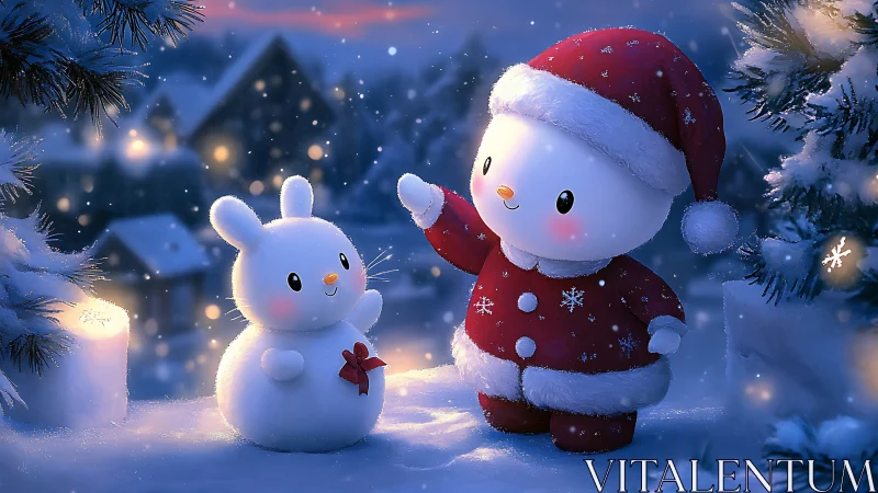 Cute snowman character in red Santa outfit at night.