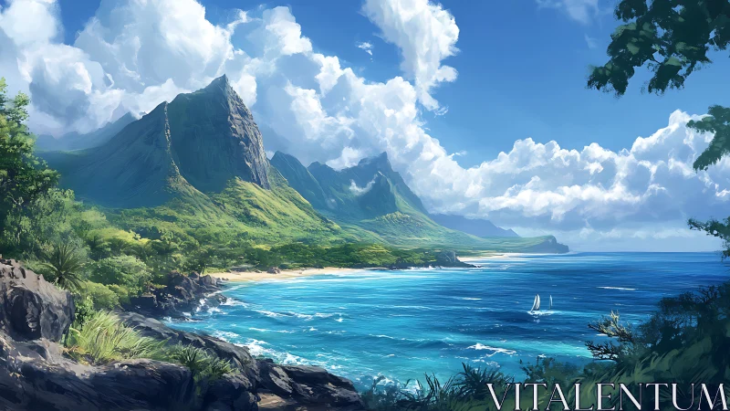 Tropical Coastal Landscape with Dramatic Basalt Peak and Sailboats