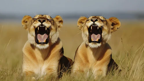 Two lionesses yawning with mouths wide open in savanna grassland
