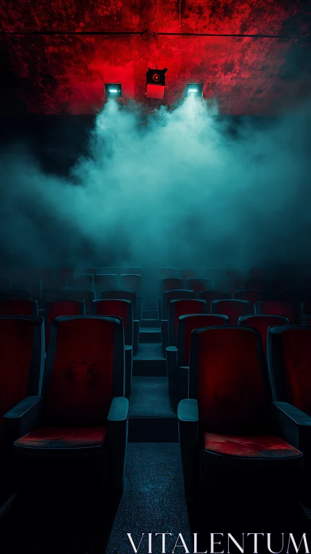Haunted cinema aisle under neon fog and watchful projector.