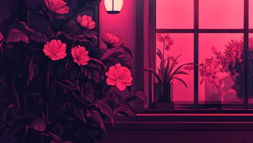 Monochromatic magenta plant study with window light gradients