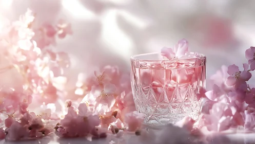 Crystal glass holds pink drink amid soft cherry blossoms