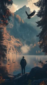 Figure observes mountain lake while bird flies across sky