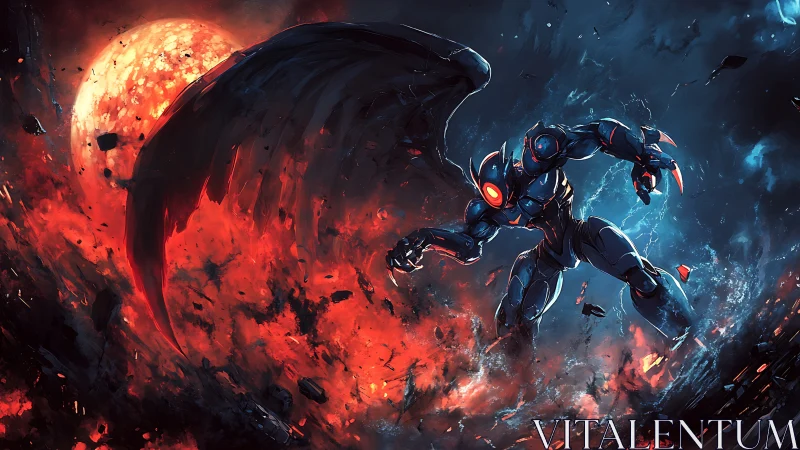 Winged cyber demon storms burning alien battlefield.