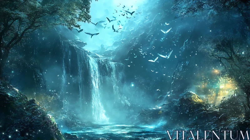 Enchanted moonlit waterfall with luminous spirit birds.