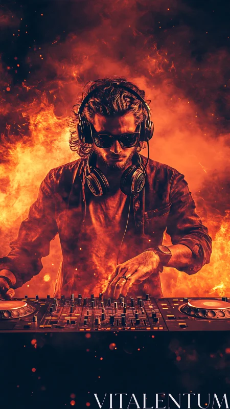 DJ immersed in fiery soundscape while mixing intense beats