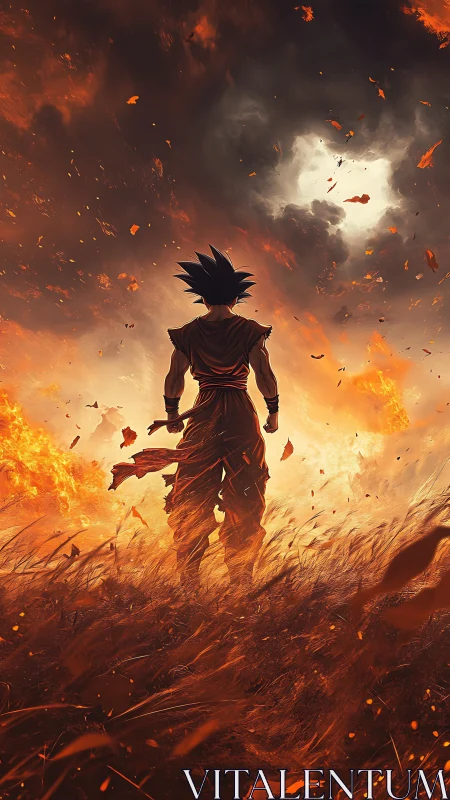 Silhouetted warrior stands in burning field under storm