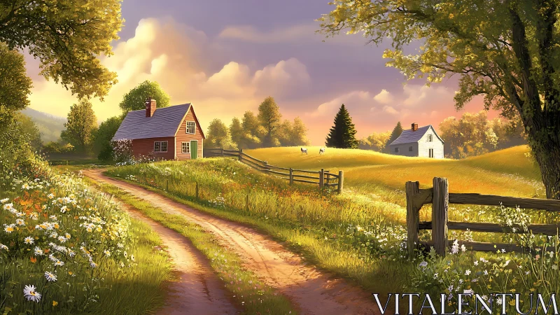 Golden-hour rural landscape renders two cottages and winding path