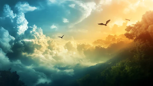 Layered clouds over forested hills with birds in flight.