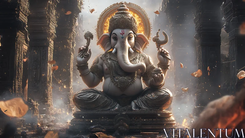 Hyperrealistic Ganesha idol in ornate stone temple interior