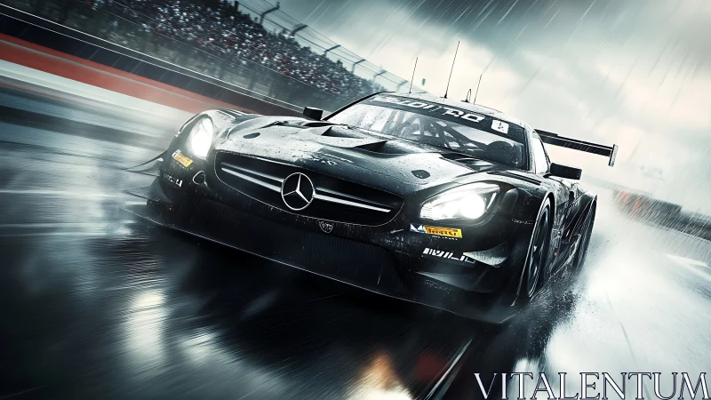 Mercedes GT race car powers through dramatic wet circuit.