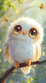 Fluffy baby owl watches orange butterfly in glowing forest light