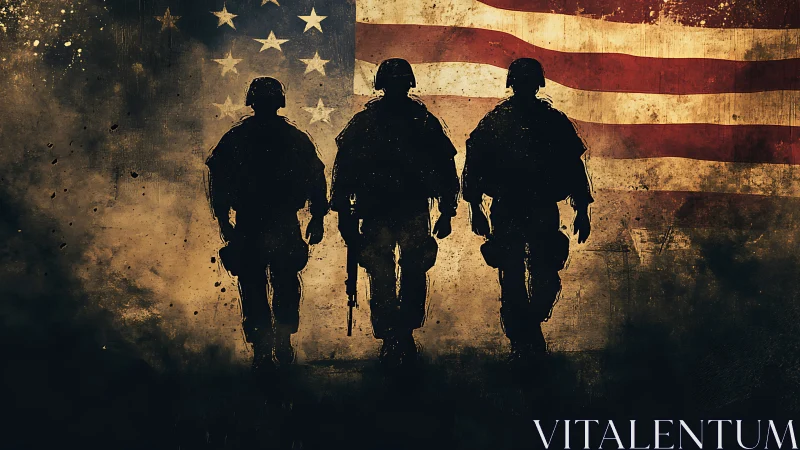 Silhouetted soldiers stride before distressed US flag backdrop.