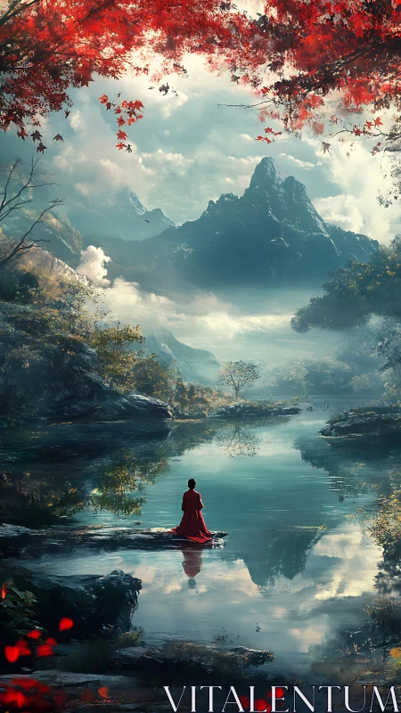 Solitary figure mirrors silent peaks across still lake.