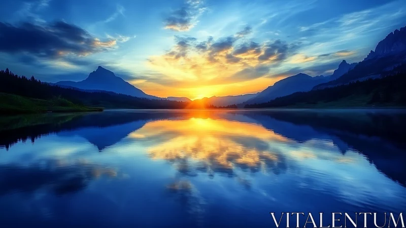 Radiant alpine sunrise mirrored across tranquil lake waters.