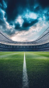 Soccer stadium field viewed from halfway line under dark clouds