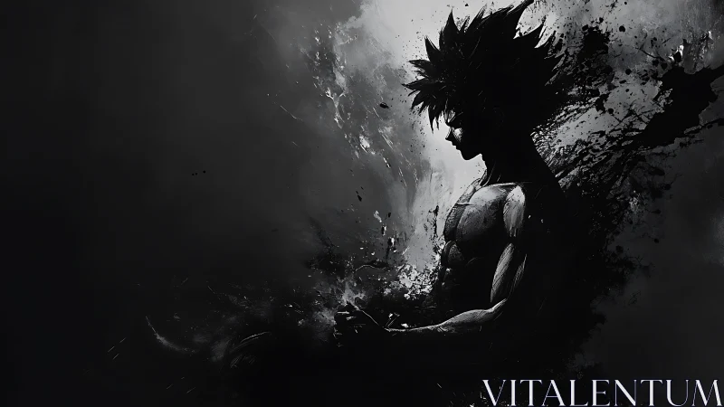 Shadowed anime warrior dissolves into swirling black ink