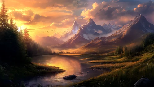 Digital painting of alpine lake at sunset with atmospheric depth.