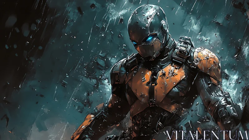 Armored humanoid figure in orange and black exosuit in debris.