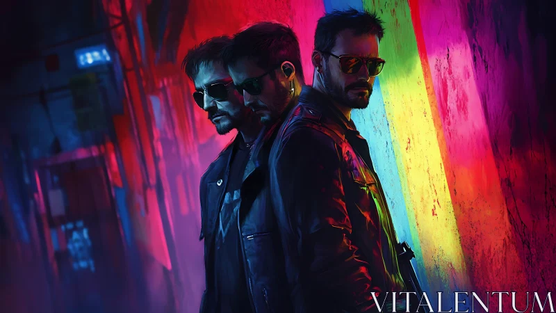 Three cyberpunk men in neon alley with mirrored poses.