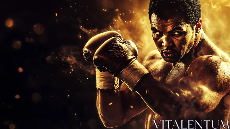 Boxer in gold-toned lighting with raised gloves and intensity