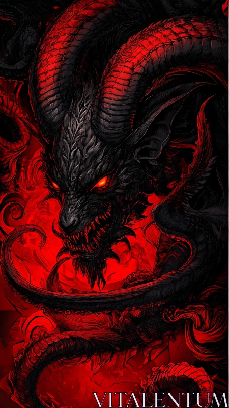 Infernal draconic chimera with coiled horns in red void.