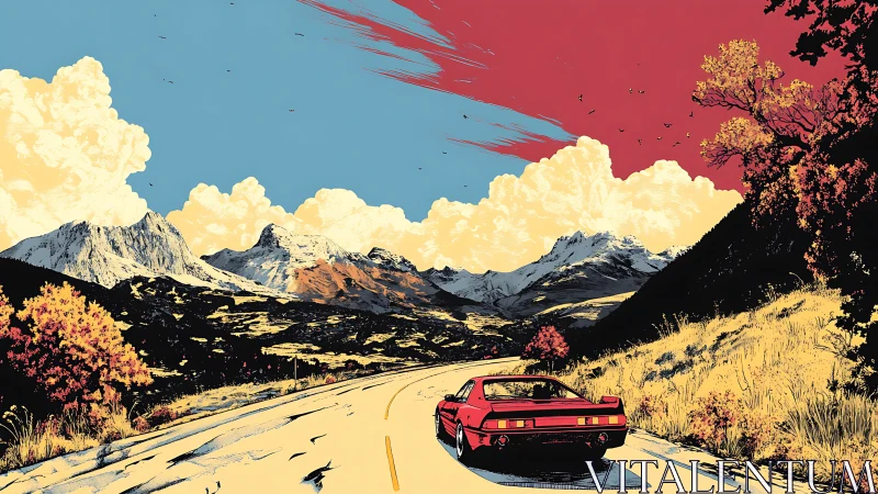 Red sports car cuts through vivid alpine valley roadscape.