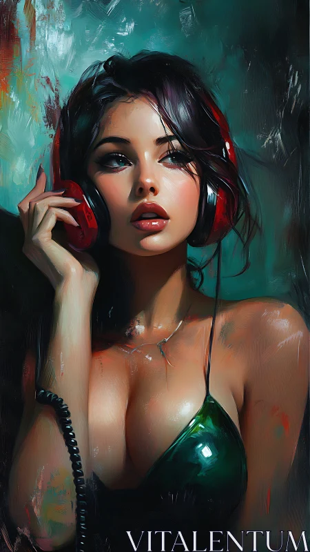 Digital portrait shows woman in red headphones listening intently