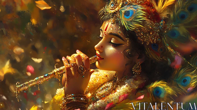 Divine flutist in jeweled peacock regalia, golden bokeh glow.