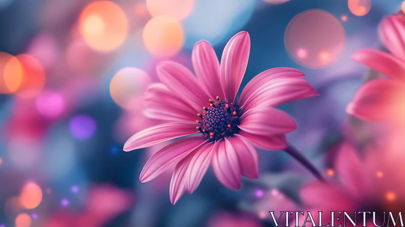 Pink daisy flower with dark center in bokeh background
