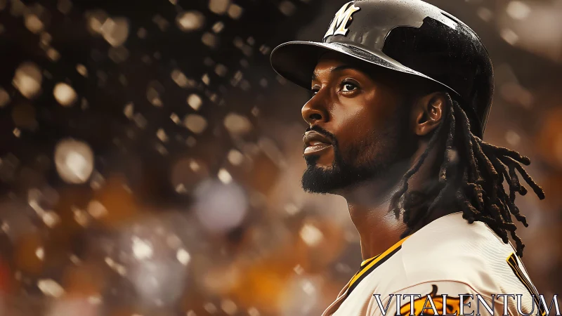 Baseball player in helmet under stadium lights at night.