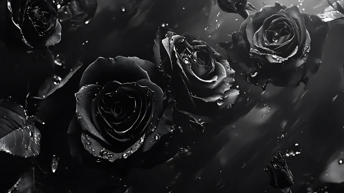 Monochrome hydro-luminous roses with specular water droplets.