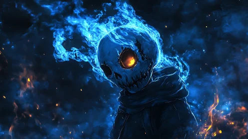 Blue spectral skull wreathed in fire stares from the shadows.
