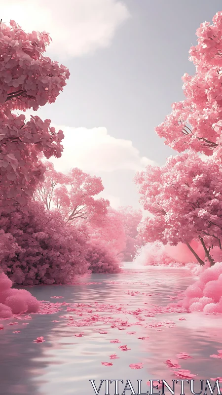 Pink river valley flows through dense blossom forest