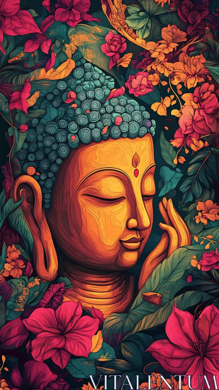 Serene Buddha portrait framed by vivid tropical flowers.