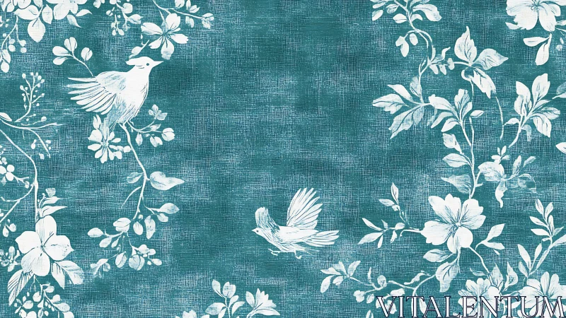 Teal Chinoiserie: Birds Among White Flowering Branches.