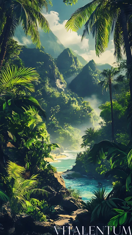 Dense tropical valley with river, cliffs, and palm canopy.