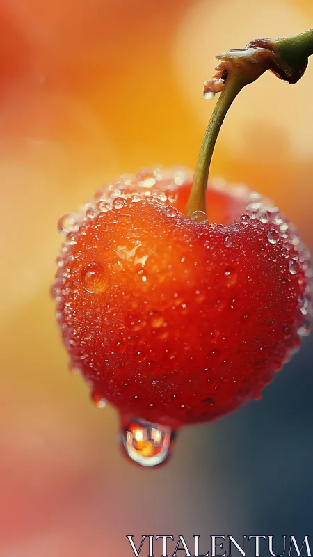 Single wet cherry is captured in high-magnification macro focus