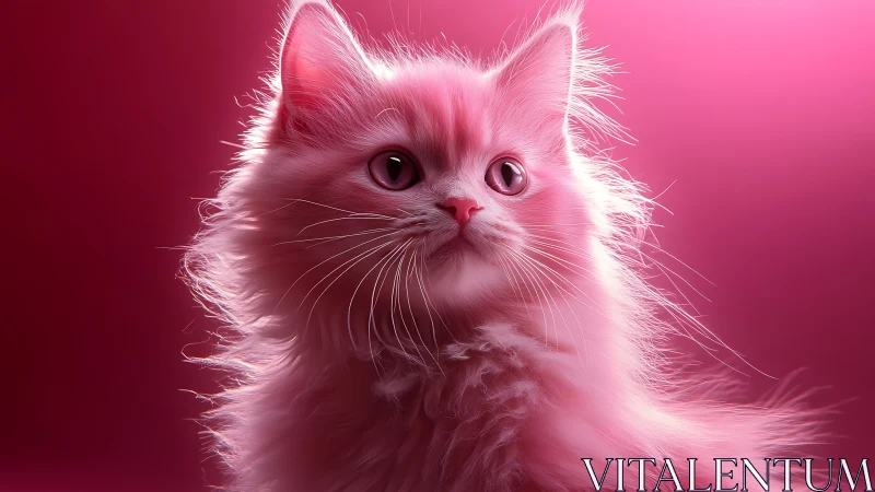 Pink fluffy cat with luminous eyes against vibrant magenta gradient background.