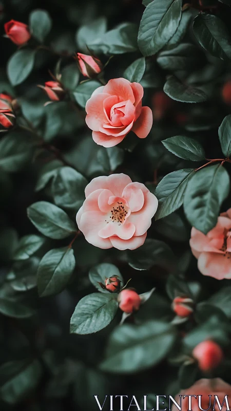 Coral Roses in Deep Botanical Garden Composition.
