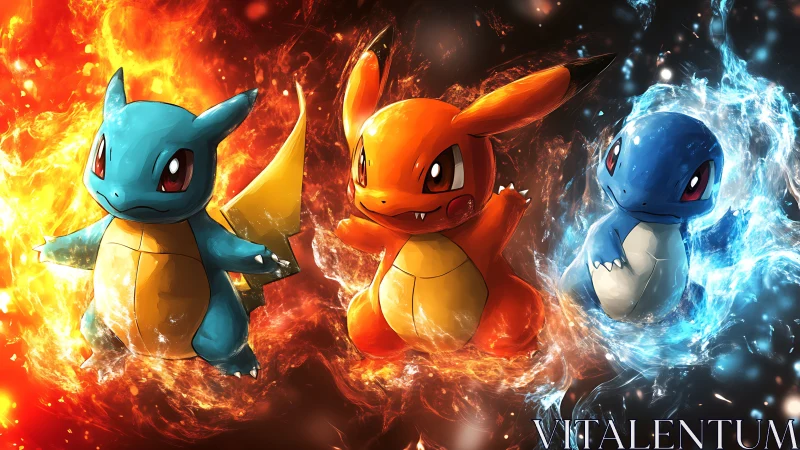 Elemental trio of playful creatures dancing in fire and water.