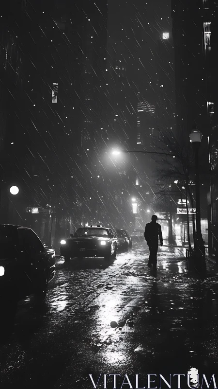 Solitary figure walks through snowy neon city at midnight