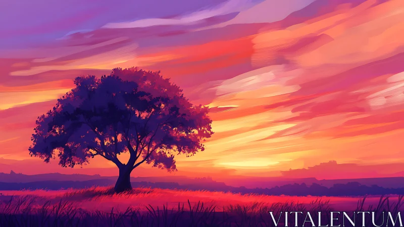 Solitary tree glows against a vivid magenta sunset sky