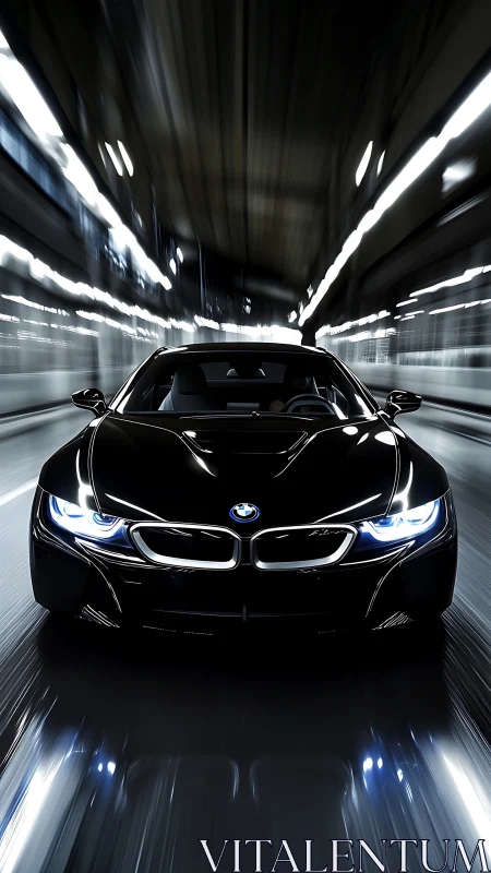 Midnight black sports coupe surges through tunnel light trails.