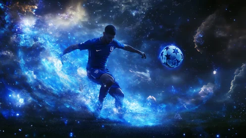 Cosmic soccer player striking glowing ball in deep space.