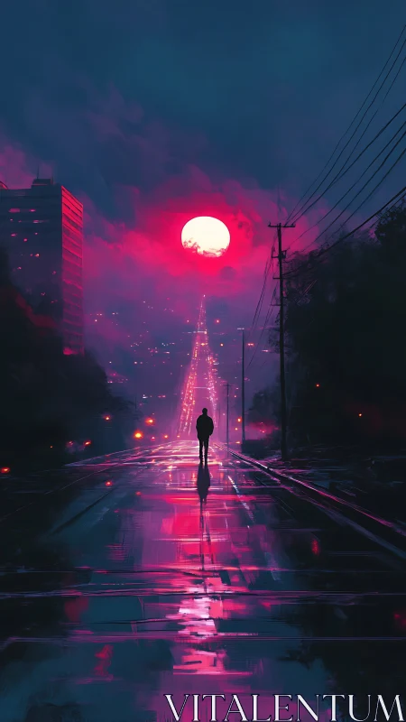 Midnight city walk toward a glowing neon moon horizon.