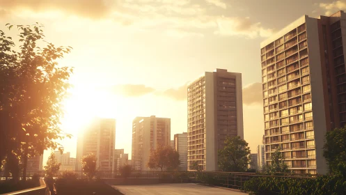Sunlit high-rise residential towers in warm golden haze.