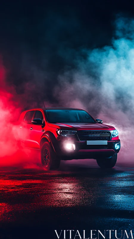 Crimson truck prowls through neon fog on midnight asphalt