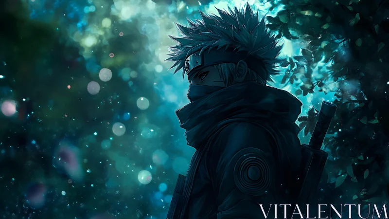 Masked anime warrior in blue forest bokeh scene at night.