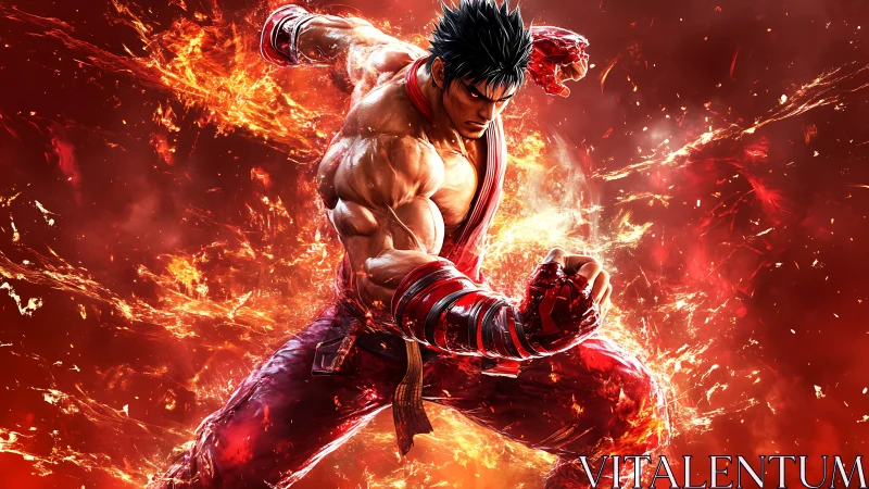 Flaming martial artist executes dynamic punch in red vortex